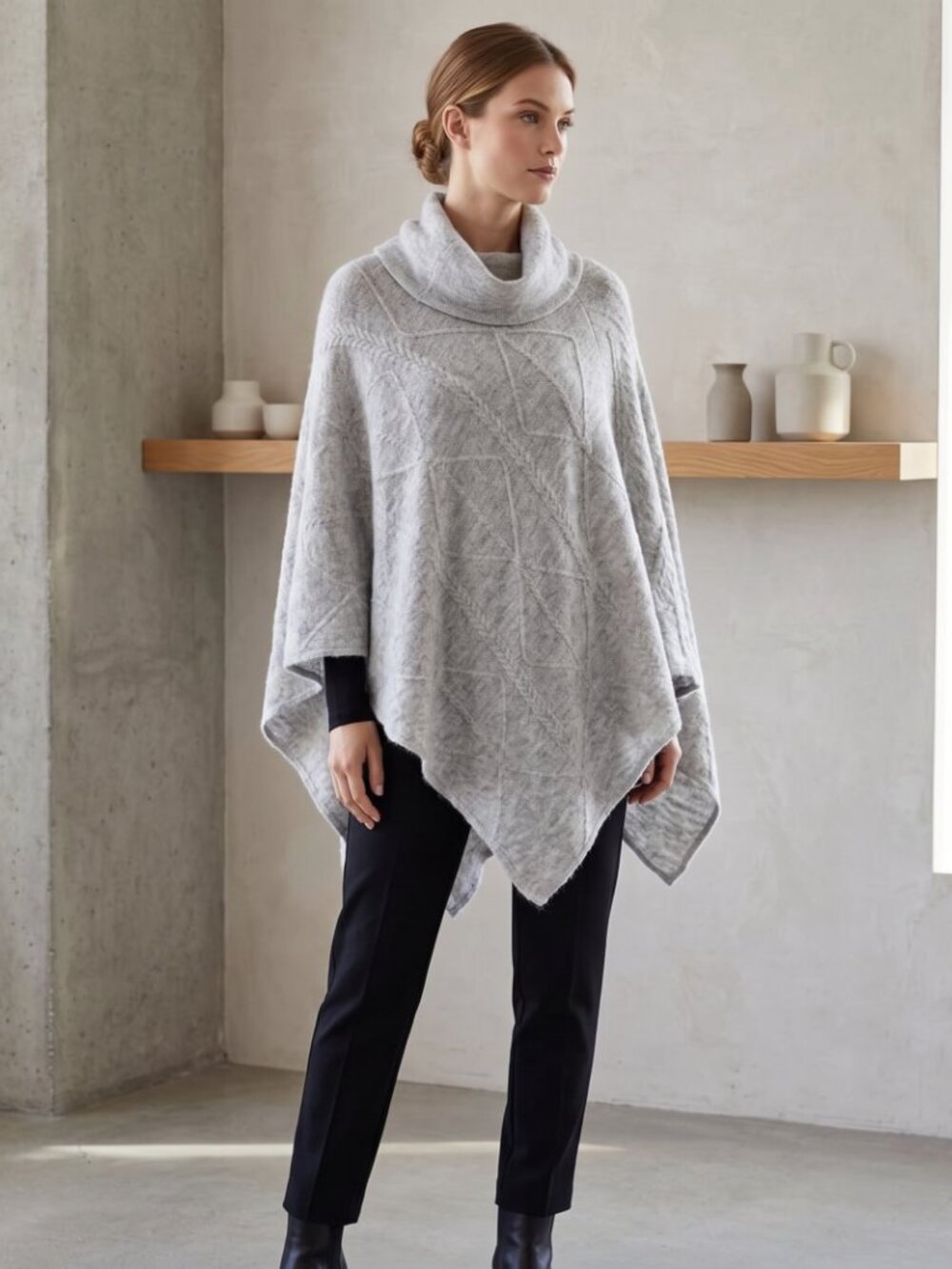 World Market Recycled Yarn Cable Knit Funnel Neck Poncho Sweater - Grey